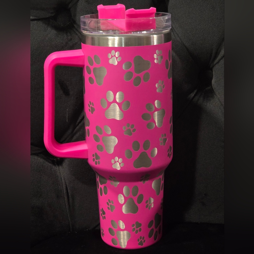 Hot Pink 40oz Tumbler with Metallic Paw Print Design